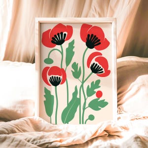Red Poppy Print: Minimalist Scandinavian Floral Wall Art