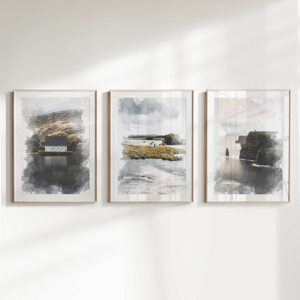 Set of 3 Irish Watercolour prints from Ireland's Gougane Barra, Connemara and Cliffs of Moher | Digital Download | Printable Wall Art