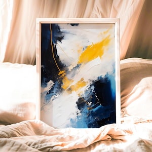 Abstract Blue Yellow Wall Art, Modern Navy Brushstroke Painting, Bold Minimalist Artwork, Contemporary Home Decor for Living Room, Gift Idea