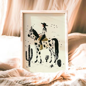 Cowgirl Wall Art Print Western Horse Artwork Rustic Desert Home Decor Boho Cowboy Illustration Minimalist Equestrian Gift