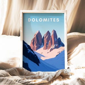 Poster di viaggio sulle Dolomiti, arte murale sulle Alpi italiane, stampa di paesaggi montani, decorazione da sci vintage, regalo di avventura, arte delle Tre Cime di Lavaredo