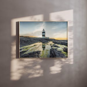 Impresión del faro de Hook Head, arte mural costero irlandés, fotografía de paisaje marino al atardecer, póster de Wexford, Irlanda, foto de paisaje de faro