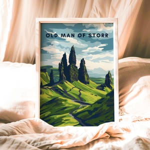 Impresión del Viejo de Storr, póster de viaje a Escocia, arte mural de la isla de Skye, paisaje de senderismo, decoración de naturaleza aventurera, obra de arte de las Tierras Altas de Escocia