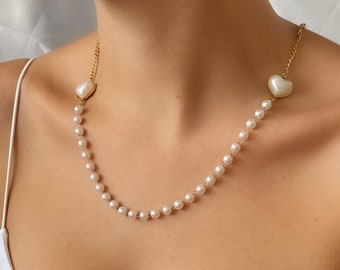 Cadena de oro de 14 quilates y collar de perlas con amuletos de perlas en forma de corazón, relleno de oro de 14 quilates, collar de perlas para mujeres, collar de perlas de oro