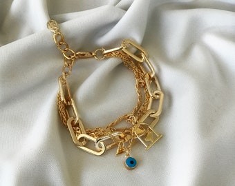 Bracelet à breloques en or 14K Evil Eye avec trombone et chaîne de corde, bracelet Evil Eye, bracelet en acier inoxydable rempli d’or, bracelet à breloques