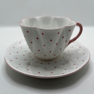 Shelley Dainty Teacup and Saucer – White with Pink Polka Dots – Excellent Condition