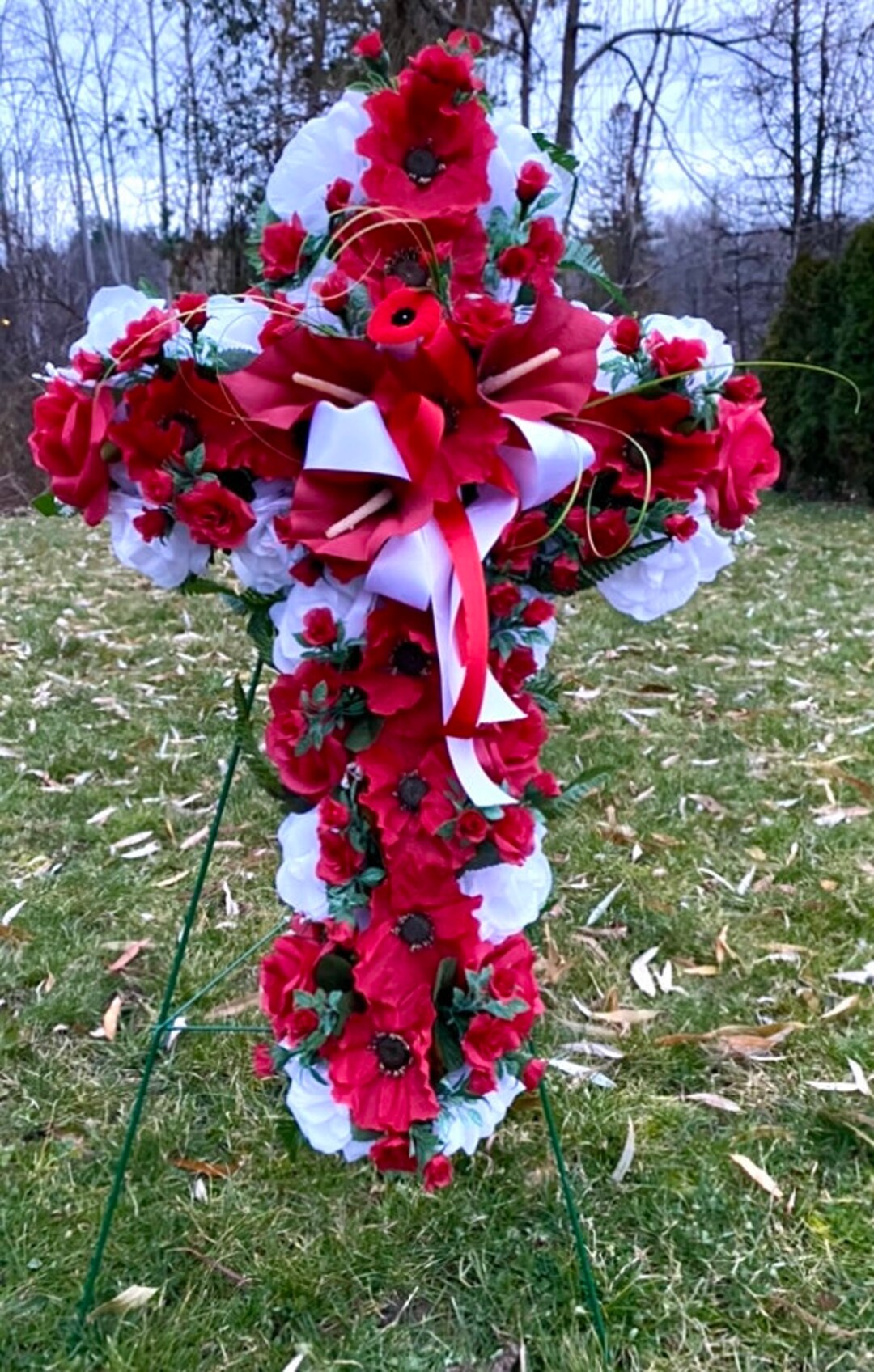 Red & White Poppy Cross Love Remembrance Cemetery Funeral Flowers ...