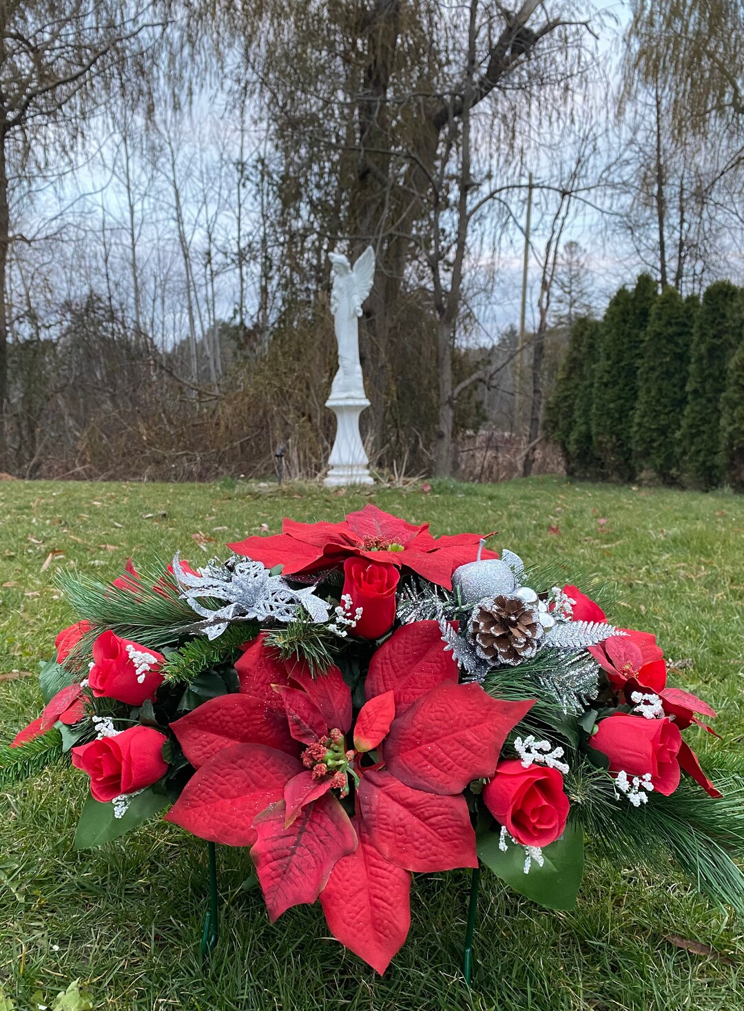 Poinsettias Silver Saddle Cemetery Flowers Memorial Arrangement Grave