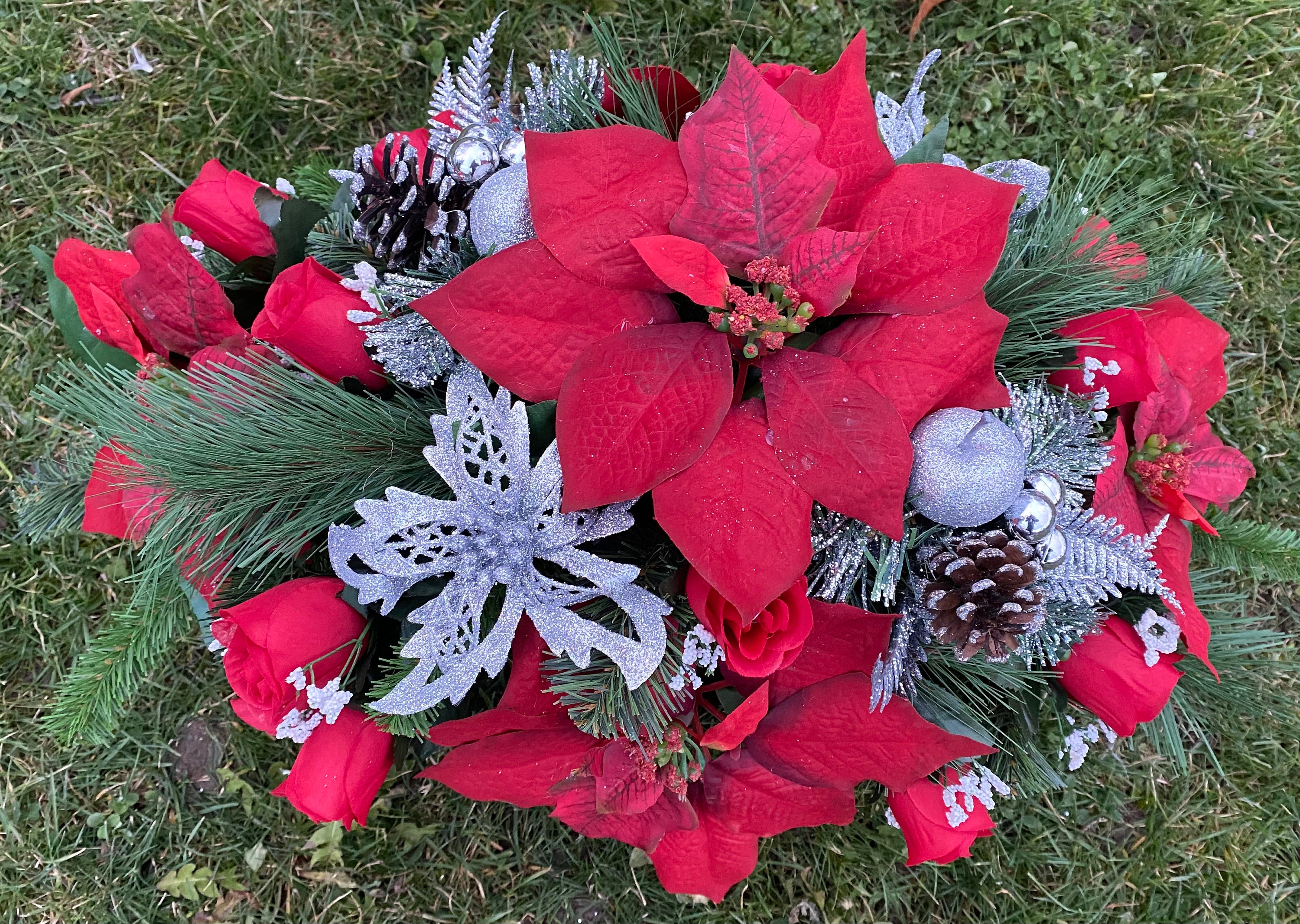 Poinsettias Silver Saddle Cemetery Flowers Memorial Arrangement Grave