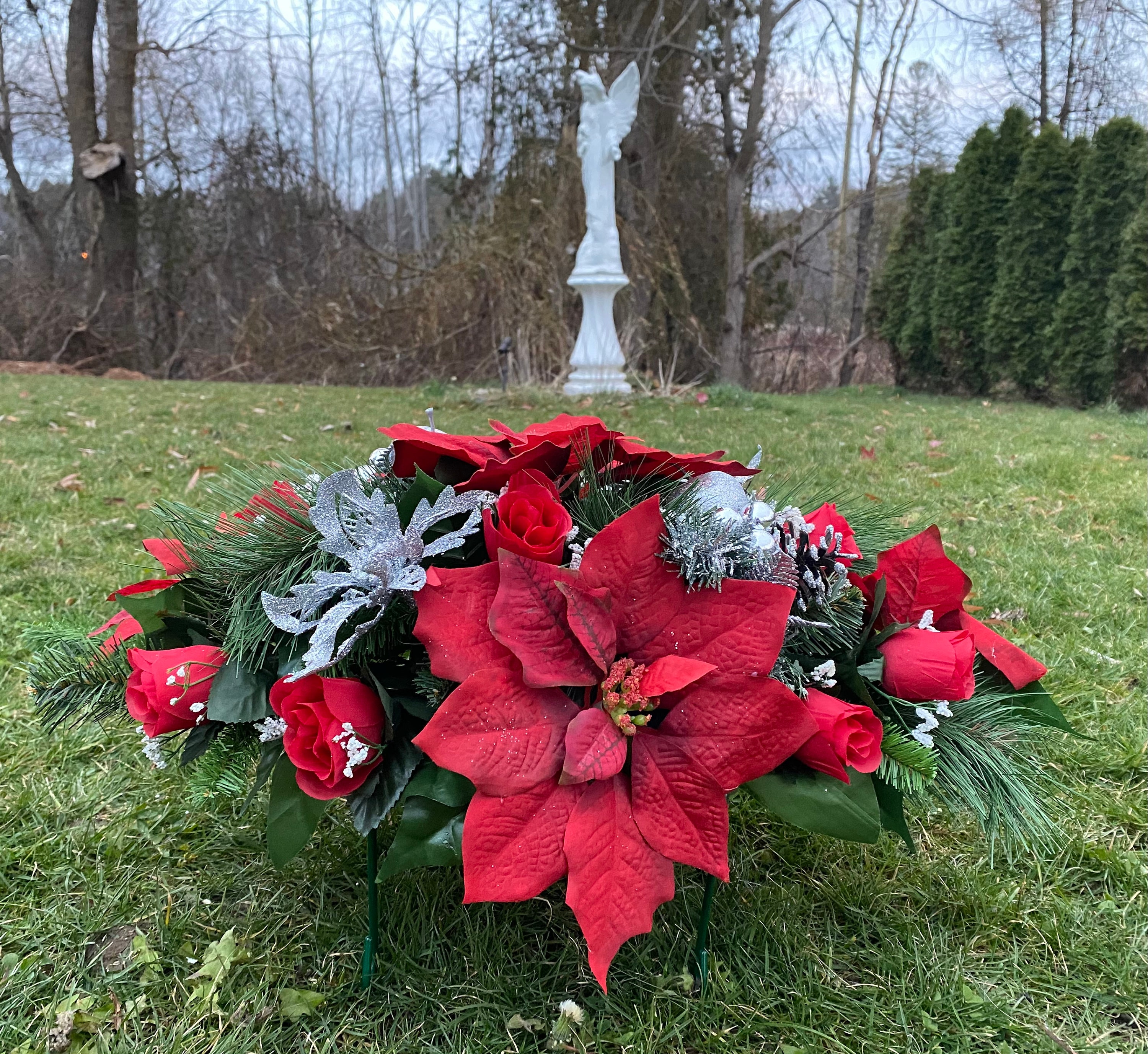 Poinsettias Silver Saddle Cemetery Flowers Memorial Arrangement Grave