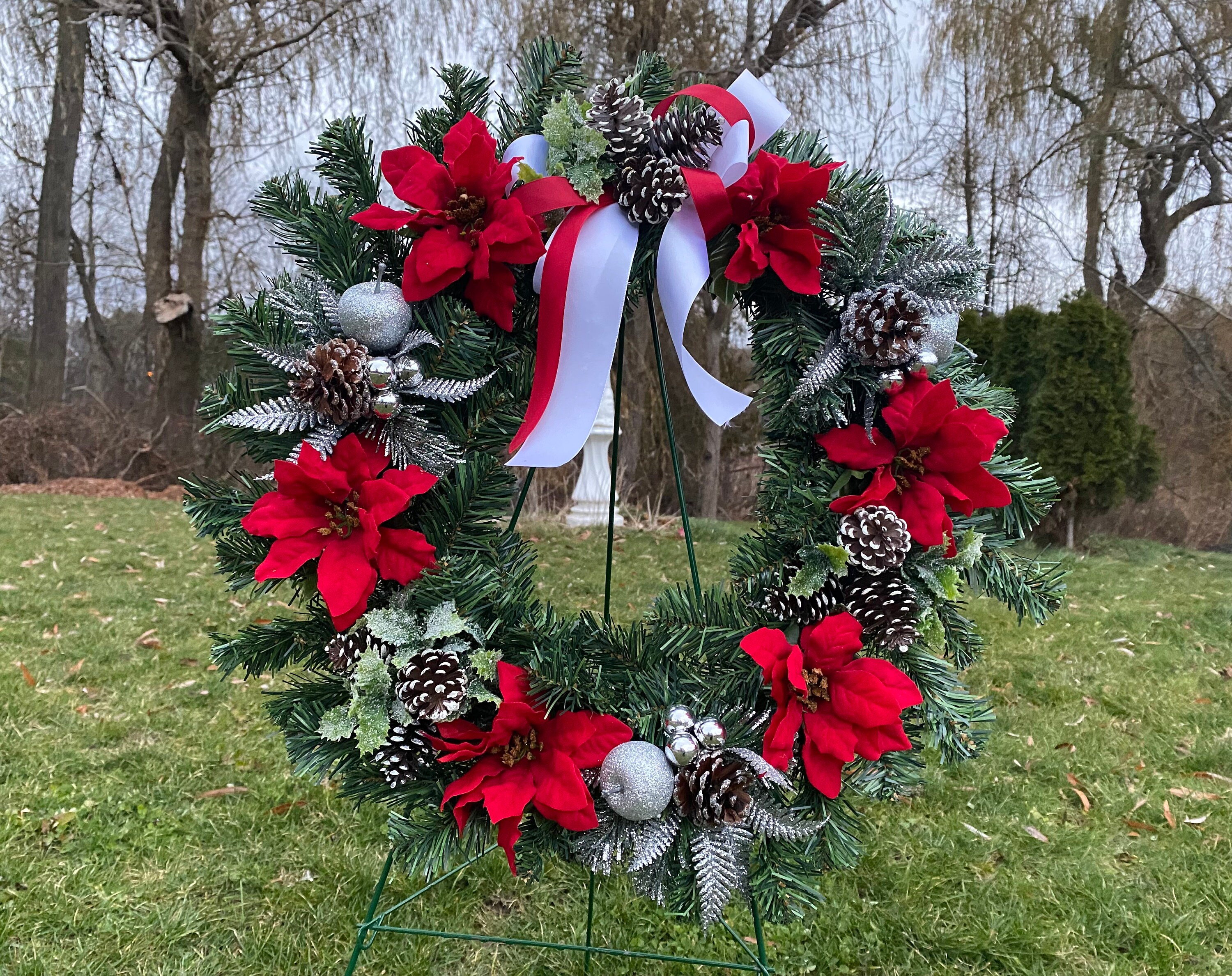 Christmas Wreath Cemetery Artificial Poinsettias Memorial