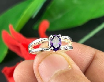 Natural African Amethyst Solitaire Ring, February Birthstone Ring,  Sparkling Rich Purple Classic Design Ring, 6*8mm Oval Cut Ring