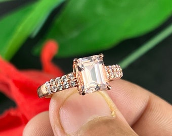 Peach Morganite Emerald Cut Engagement Ring, Halo Anniversary Ring For Woman Solitaire Half Eternity Promise Ring, Beautiful Morganite Ring