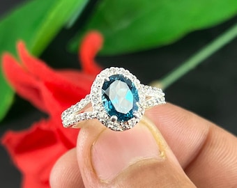 Oval Cut Blue Topaz and Round Colorless CZ Daimonds Halo Engagement Ring, Vintage Style Ring, Halo Wedding Ring, Anniversary Rings
