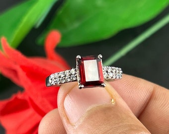 Natural Garnet Engagement Ring Emerald Cut 6*8mm Sterling Silver Rings Natural January Birthstone Gold Vermeil Promise Anniversary Ring