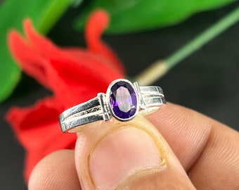 Natural Amethyst Gemstone Silver Ring l Oval Cut Solid Silver Ring l 925 Sterling Silver Band Ring For Wedding Gift