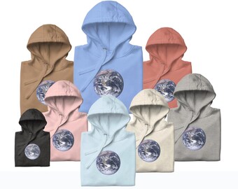May include: A collection of hooded sweatshirts in various colors, including tan, light blue, coral, and gray. Each sweatshirt features a graphic of the Earth on the front. The hoodies are displayed on a white background.