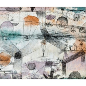 May include: Abstract watercolor and ink painting with geometric shapes, circles, and lines in shades of brown, gray, and purple.