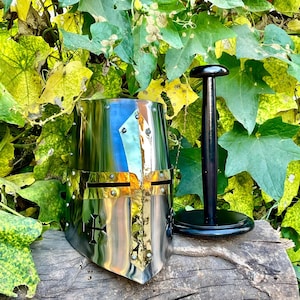 Replica Templar Helmet With STAND, Medieval Knight Armor, Authentic Crusader Armor for Cosplay & Display, Handmade Steel Helmet