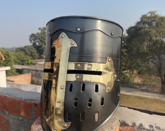Medieval Crusader Knight Helmet: Black Steel & Brass for Cosplay, LARP, Halloween, Display