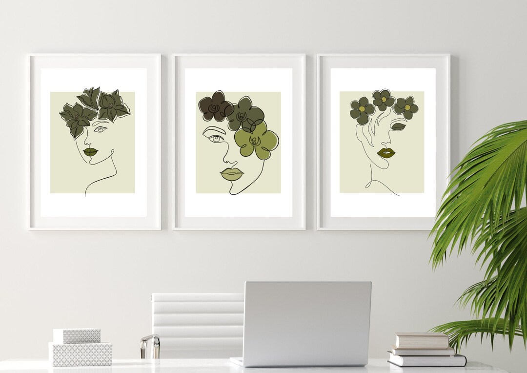 Set of 3 Olive Green Wall Artoffice Decor for Womenfloral One Line
