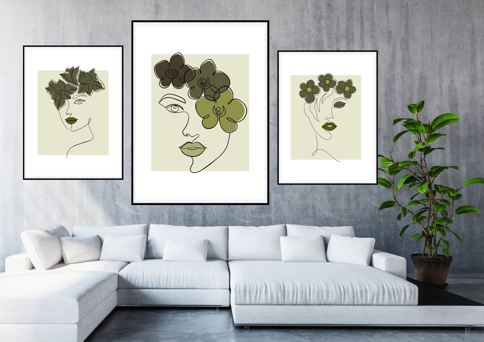 Set of 3 Olive Green Wall Artoffice Decor for Womenfloral One Line ...