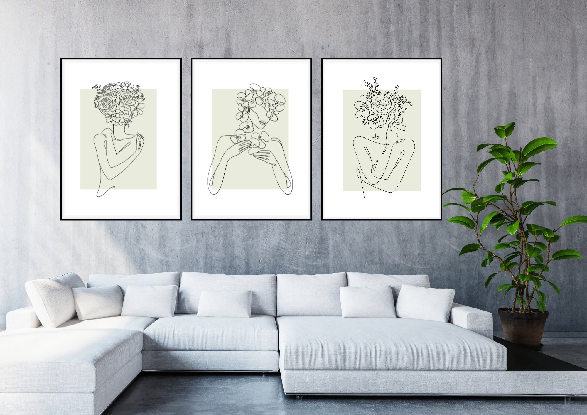 Sage Green Wall Art, One Line Floral Female Poster Set, Minimalist