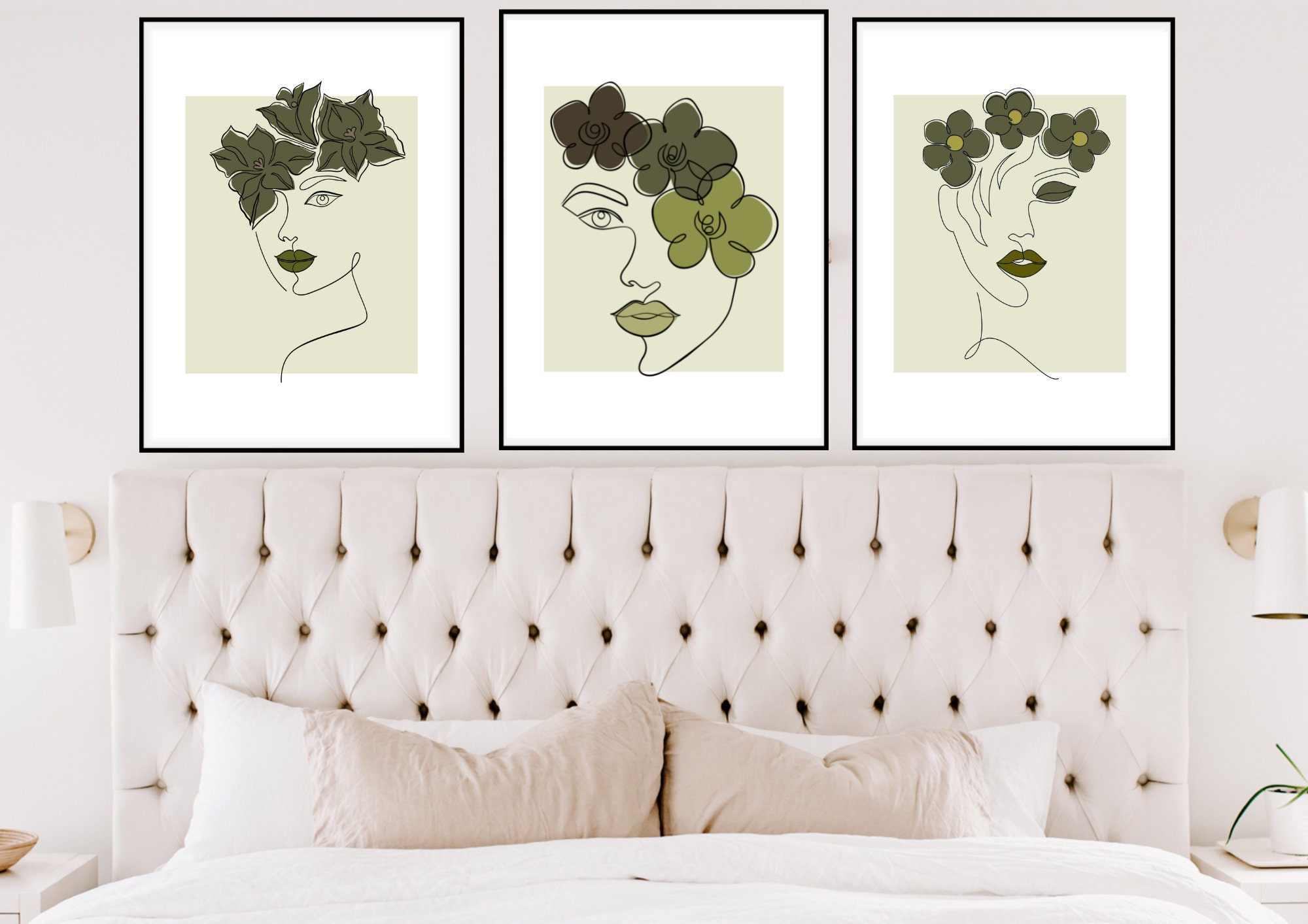 Set of 3 Olive Green Wall Artoffice Decor for Womenfloral One Line