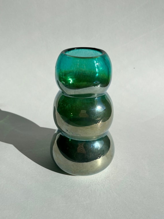 Silver Chrome Metallic Green Mini Wavy Handblown Vase