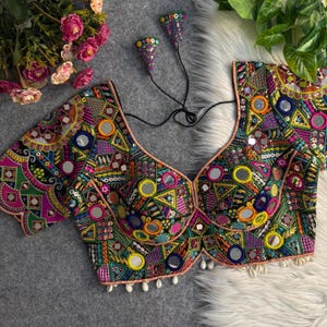 Multicolor Mirror Work Blouse – Kutchi Embroidered Chaniya Choli Top | Traditional Garba Blouse | Boho Festival Crop Top for Navratri