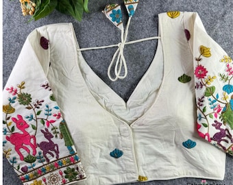 Hand Embroidered Khadi Cotton Blouse - V-Neck Dori Tie Back