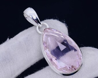 Faceted Pink Kunzite Gemstone Pendant: 925 Sterling Silver, Boho Style Pink Cut Stone