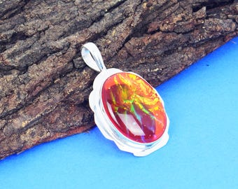 Colgante de ópalo de fuego naranja: collar de piedras preciosas estilo boho de plata de ley