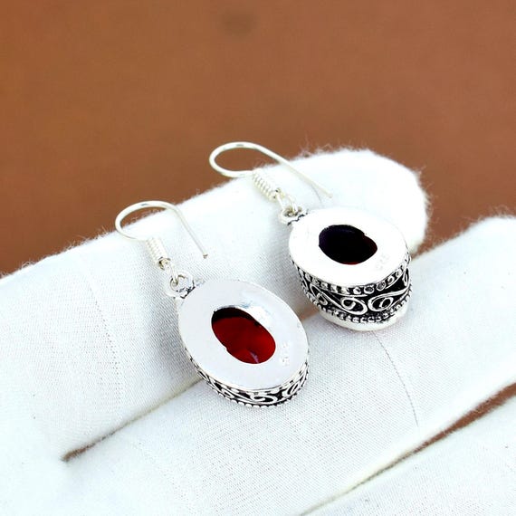 thumbnail interactive-video image 1 of Natural Mozambique Garnet 925 Sterling Silver Drop Earrings – Handmade, 1.2" Length 1 of 6