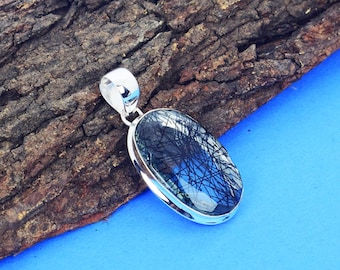 Black Rutile Gemstone Pendant: Handmade 925 Sterling Silver Boho Jewelry