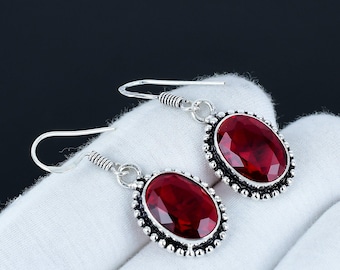Red Garnet Earrings: Handmade 925 Sterling Silver Dangle Drop Earrings
