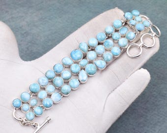 Bracciale rigido in larimar naturale – Argento sterling 925, pietra preziosa blu caraibica, regalo unico per lei