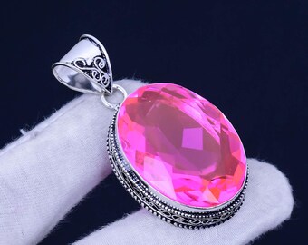 Pendentif en kunzite rose à facettes, pendentif en pierres précieuses, pendentif en argent sansonnet 925 pour elle, cadeau d'anniversaire, pendentif en argent, style vintage