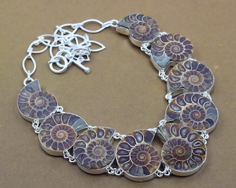 Ammonite Gem Stone Necklace,925 Silver Necklace, BOHO Handmade Silver Necklace, Bridal  Necklace, Silver Necklace With Adjustable Chain