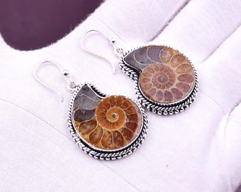 Ammonite Gemstone Earrings: Oxidized Sterling Silver Boho Jewelry