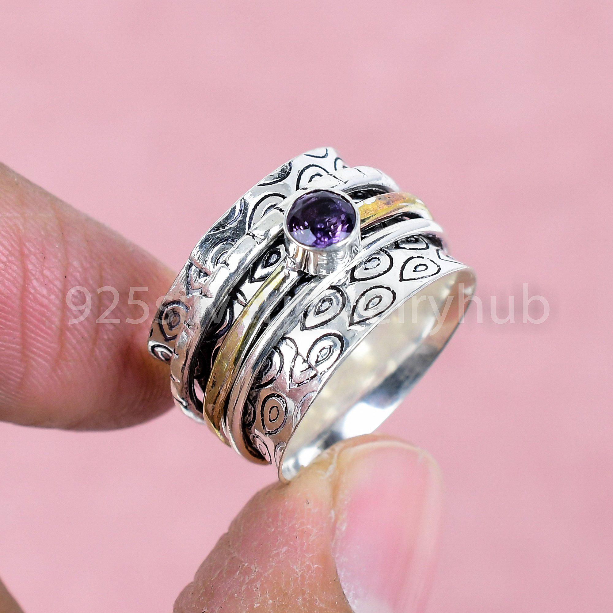 Amethyst 925 Sterling Silver Spinner Ring, Handmade Meditation