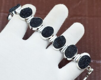 Handmade Black Druzy Oval Bracelet: 925 Sterling Silver Boho Jewelry Adjustable Bracelet Anniversary