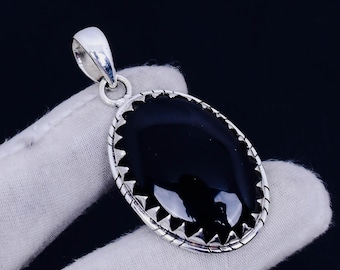 Black Onyx Sterling Silver Pendant: Boho Oval Gemstone