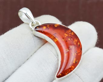Baltic Amber Crescent Moon 925 Sterling Silver Pendant Handmade Jewelry Anniversary Birthday Gift