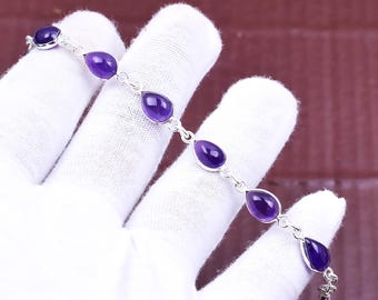 Teardrop Amethyst Bracelet | Sterling Silver Boho Link Jewelry