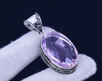 Pendentif pierre gemme kunzite rose à facettes : bijoux bohèmes en argent sterling