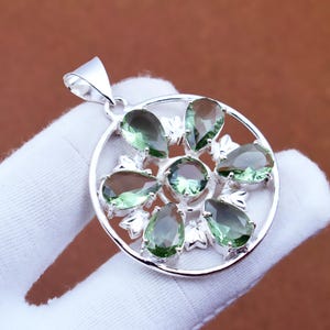 Faceted Green Amethyst Handmade Round Pendent Gemstone 925 Sterling Silver Pendant Boho & hippie Jewellery Silver Pendent Gift For Her