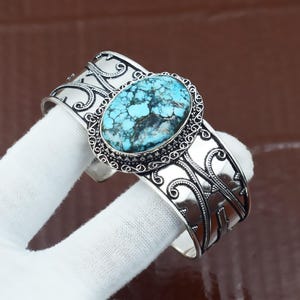 Natural Tibetan Turquoise Cuff Bracelet,925 Silver Bangle, Adjustable Cuff Bracelet, Vintage Cuff Bracelet, Handmade Cuff Silver Bangle Gift