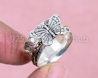 Butterfly Engraved Carved Silver Spinner Ring, 925 Sterling Silver Designer Handmade Boho, Christmas Gift Jewelry For Women Gifts