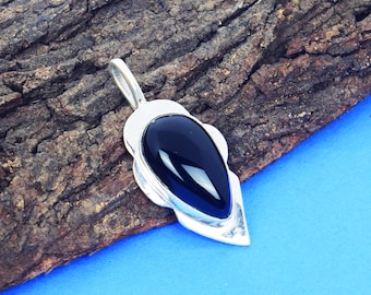 Black Onyx 925 Sterling Silver Pendant - Boho Pear Stone
